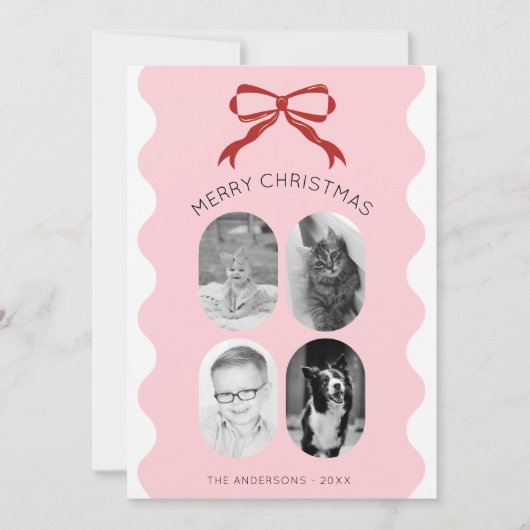 Roze geschulpte rode boog Kerstmis Fotocollage Feestdagenkaart (Voorkant)