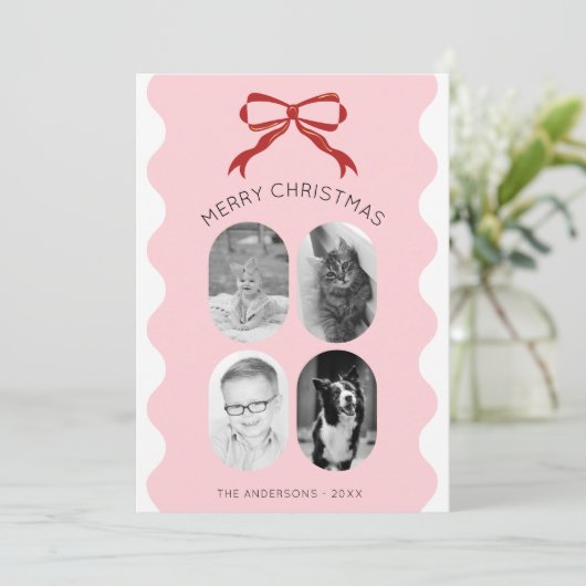 Roze geschulpte rode boog Kerstmis Fotocollage Feestdagenkaart (Staand voorkant)