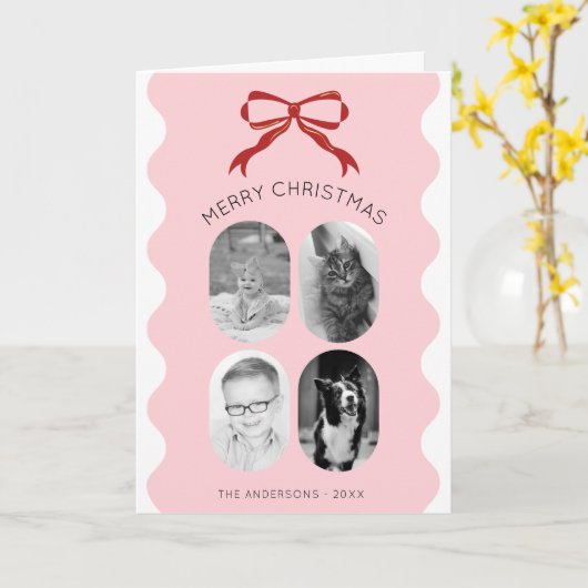 Roze geschulpte rode boog Kerstmis Fotocollage Kaart (Gele Bloem)