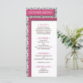 Roze gestikt Damast bruiloft receptie menu (Staand voorkant)
