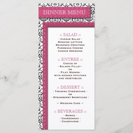 Roze gestikt Damast bruiloft receptie menu (Voorkant)
