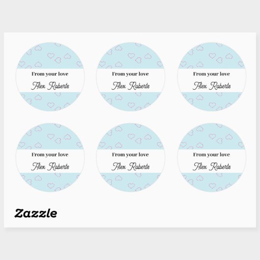 Roze gestikte harten op blauw ronde sticker (Vel)