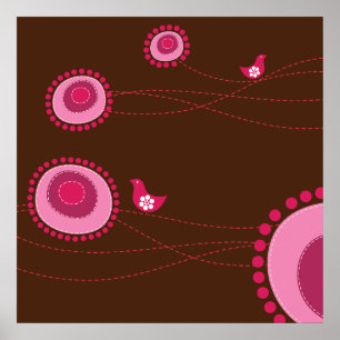 Roze gestippelde bloemen en gelukkige vogels Poste Poster