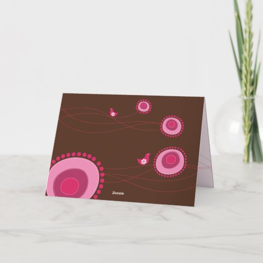 Roze gestippelde bloemen en vrolijke vogels speels bedankkaart (Achterkant)