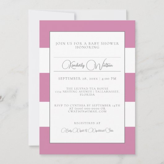 Roze Gestreepte Baby shower Invitation Kaart (Voorkant)