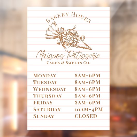 Roze gestreepte bloemenspuitzak Bakkerij Openingst Raamsticker (Vel 2)