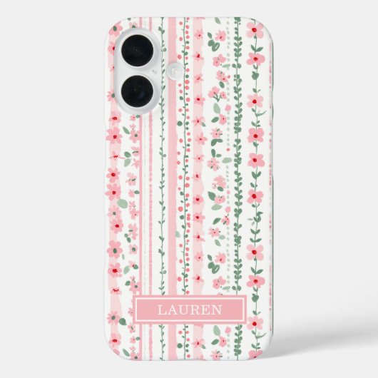 Roze gestreepte bloemige gepersonaliseerde Case-Mate iPhone case (Achterkant)