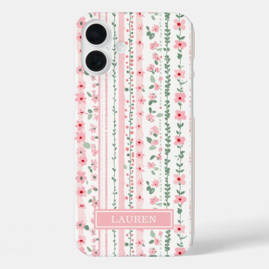 Roze gestreepte bloemige gepersonaliseerde Case-Mate iPhone case (Achterkant)