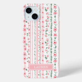 Roze gestreepte bloemige gepersonaliseerde iPhone 15 mini hoesje