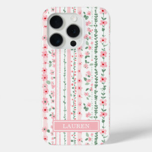 Roze gestreepte bloemige gepersonaliseerde iPhone 15 pro case