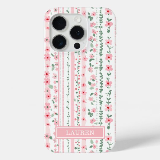 Roze gestreepte bloemige gepersonaliseerde Case-Mate iPhone case (Achterkant)