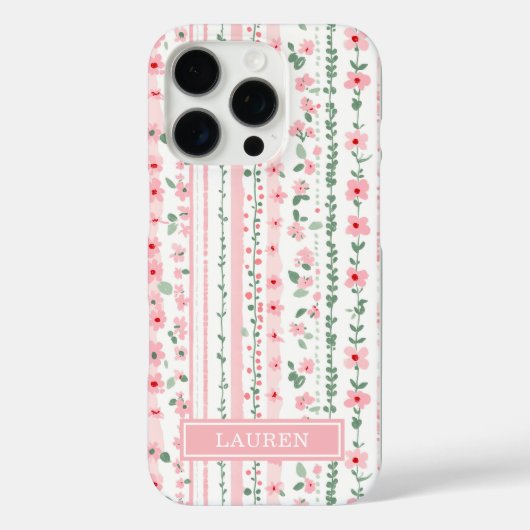 Roze gestreepte bloemige gepersonaliseerde Case-Mate iPhone case (Achterkant)