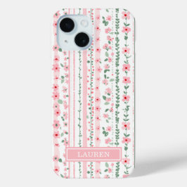 Roze gestreepte bloemige gepersonaliseerde iPhone 15 case