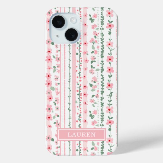 Roze gestreepte bloemige gepersonaliseerde Case-Mate iPhone case (Achterkant)