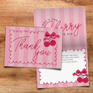 Roze gestreepte  Cherry Baby shower Flat Bedankkaart