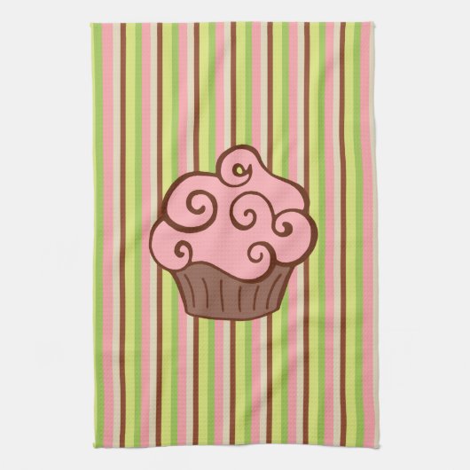 Roze Gestreepte Cupcake Keukenhanddoek (Verticaal)