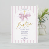 Roze Gestreepte Doop Uitnodiging Meisje Modern Bow (Staand Voorkant)