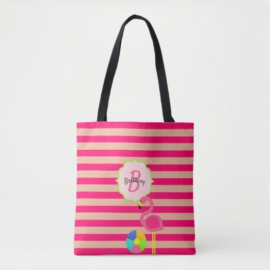 Roze Gestreepte Flamingo Monogrammed Tote Bag (Voorkant)