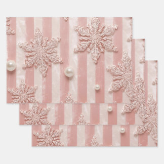 Roze gestreepte fluwelen sneeuwvlok inpakpapier vel