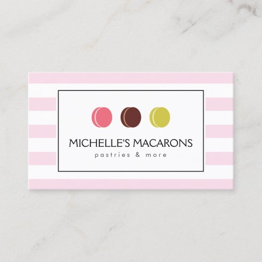 Roze Gestreepte Franse Macaron Trio Logo voor Bakk Visitekaartje (Voorkant)