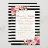 Roze gestreepte gouden bruidsdouche brunch uitnodi kaart (Voorkant / Achterkant)