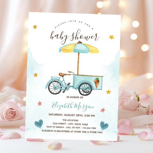 Roze gestreepte ijsfiets baby shower kaart