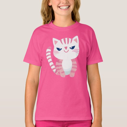 Roze Gestreepte Kitty Kat T-shirt (Voorkant)