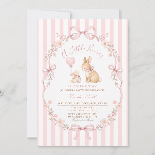 Roze gestreepte konijn baby shower kaart (Voorkant)