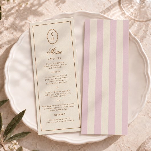 Roze gestreepte monogram lange trouwmenu kaart