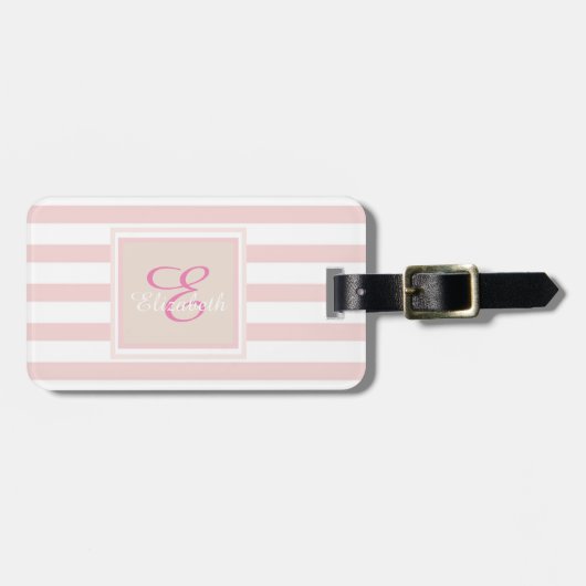 Roze gestreepte monogram-personalisatie bagagelabel (Voorkant horizontaal)