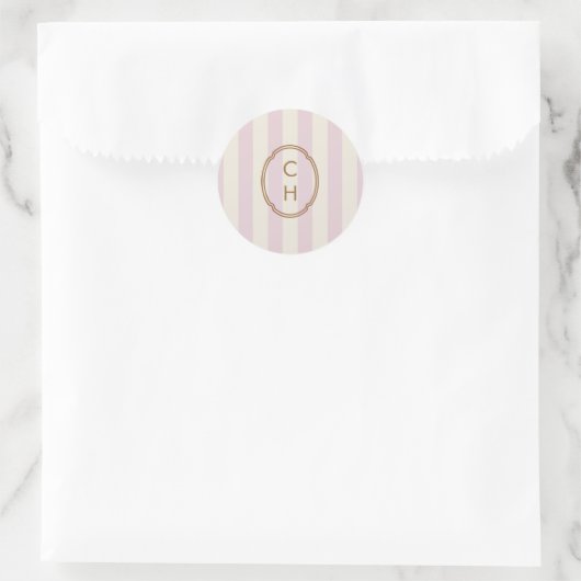 Roze gestreepte monogram trouwsticker ronde sticker (Tas)