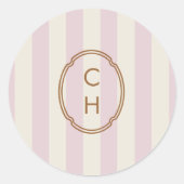 Roze gestreepte monogram trouwsticker ronde sticker (Voorkant)