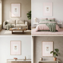 Roze gestreepte muurkunstprint met waterverf roos poster