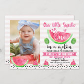 Roze gestreepte One In A Melon Foto 1e verjaardag Kaart (Voorkant / Achterkant)
