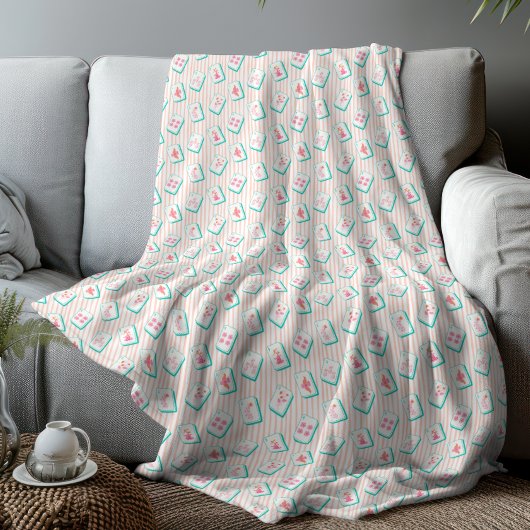Roze gestreepte pastelkleurige Mahjong Fleece Deken