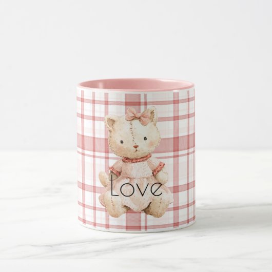 Roze Gestreepte Plaid Kat Mok (Midden)