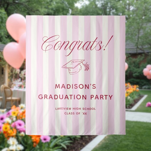 Roze Gestreepte Preppy Afstudeercongrats Wandkleed
