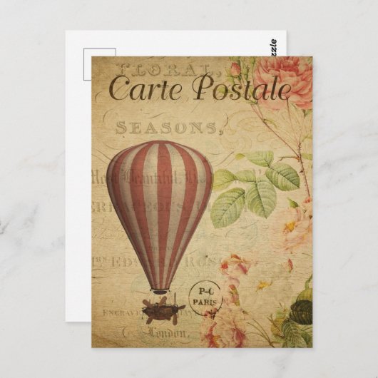 Roze Gestreepte Steampunk Hete Luchtballon Briefkaart (Voorkant / Achterkant)