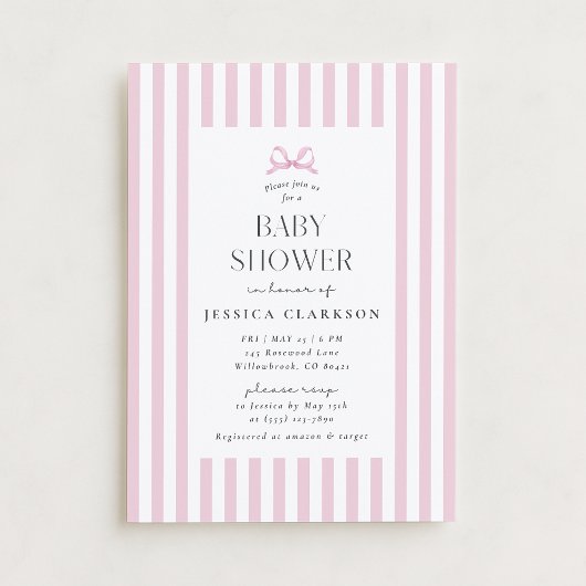 Roze gestreepte strik baby shower uitnodiging