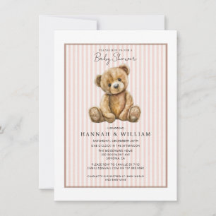 Roze gestreepte teddybeer babyshower kaart