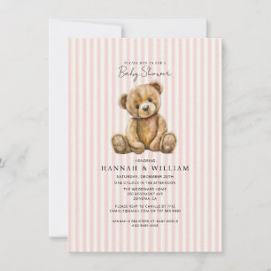 Roze gestreepte teddybeer babyshower kaart
