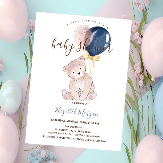 Roze gestreepte teddybeerballonnen babyshower kaart