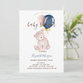 Roze gestreepte teddybeerballonnen babyshower kaart (Staand voorkant)