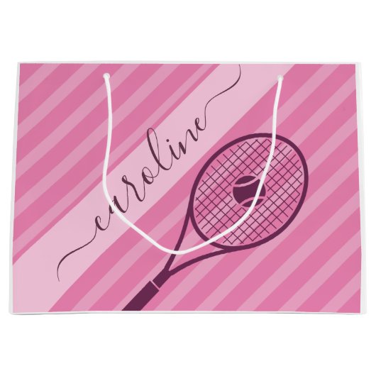 Roze Gestreepte Tennis Racket Gift Bag Groot Cadeauzakje (Voorkant)