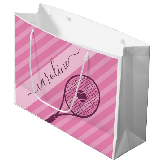 Roze Gestreepte Tennis Racket Gift Bag Groot Cadeauzakje (Voorkant Gekanteld)