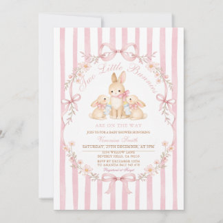 Roze gestreepte tweeling konijnen babyshower uitno kaart