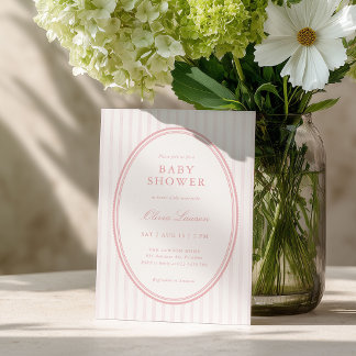 Roze gestreepte uitnodiging voor preppy baby showe
