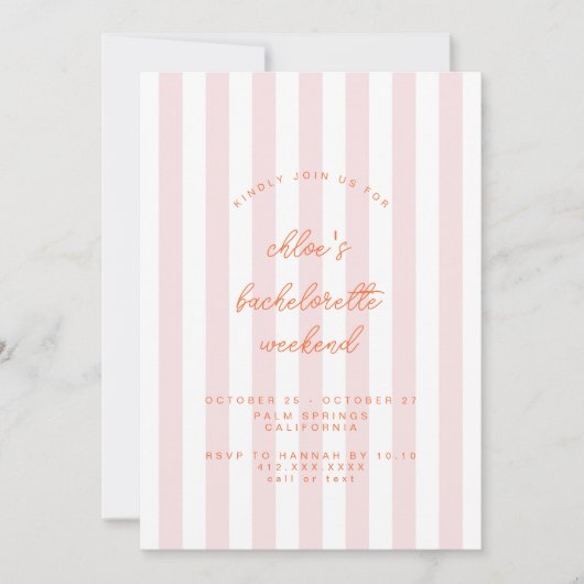 Roze gestreepte vrijgezellenfeest uitnodiging (Voorkant)