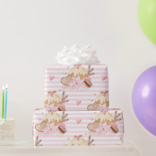 Roze Gestreepte Winter Dessert Kerst Patroon Cadeaupapier
