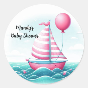 Roze gestreepte zeilbootballon babyborrel ronde sticker